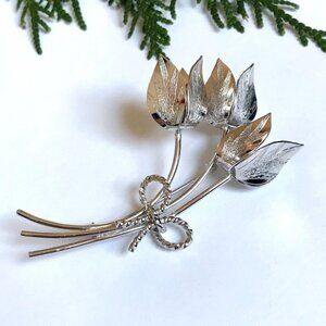 Bond Boyd 925 Sterling Tulip Bouquet Brooch 3D Flowers with Bow
